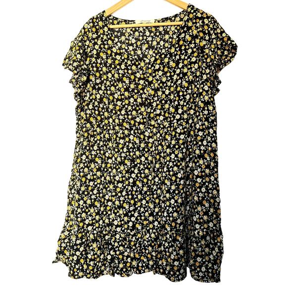 PASSPORT 2X Black Yellow‎ Ditsy Floral Short Flutter sleeve Babydoll Midi Dress - Picture 3 of 6
